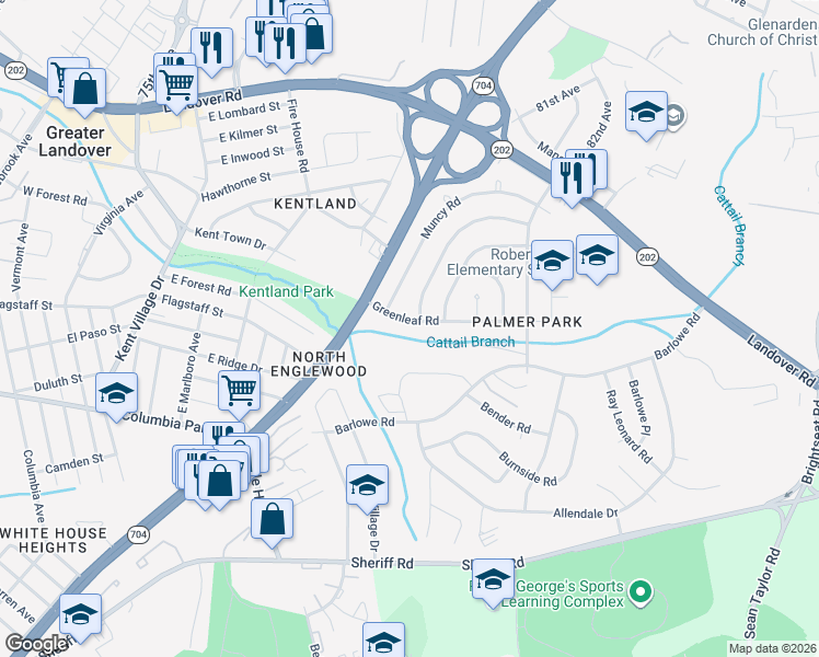 map of restaurants, bars, coffee shops, grocery stores, and more near 7523 Greenleaf Road in Greater Landover