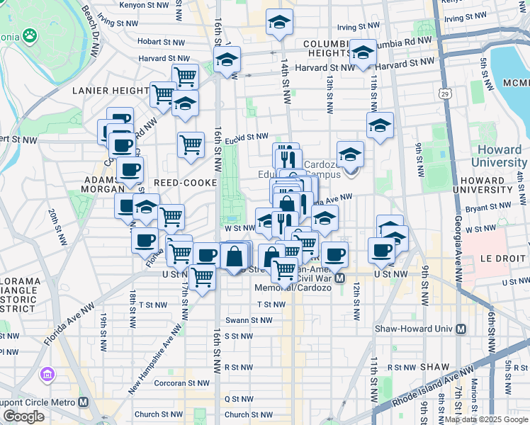 map of restaurants, bars, coffee shops, grocery stores, and more near 1455 Florida Avenue Northwest in Washington