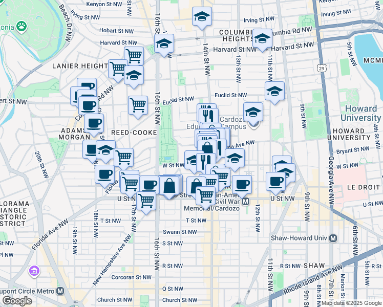 map of restaurants, bars, coffee shops, grocery stores, and more near 1455 Florida Avenue Northwest in Washington