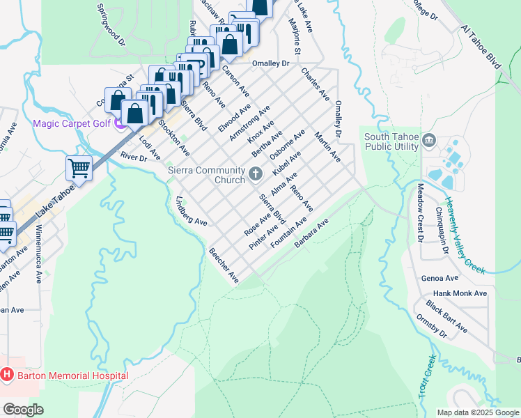 map of restaurants, bars, coffee shops, grocery stores, and more near 2560 Alma Avenue in South Lake Tahoe