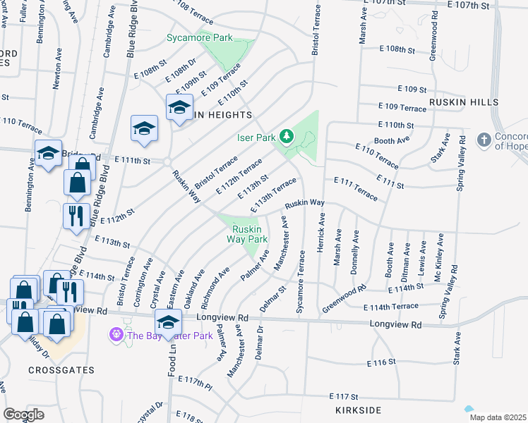map of restaurants, bars, coffee shops, grocery stores, and more near 7700 Ruskin Way in Kansas City
