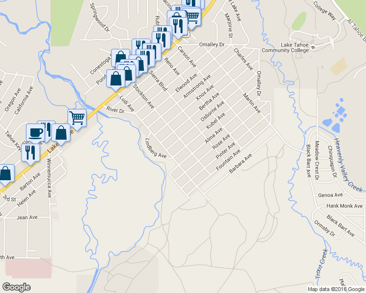 map of restaurants, bars, coffee shops, grocery stores, and more near 2505 Kubel Avenue in South Lake Tahoe