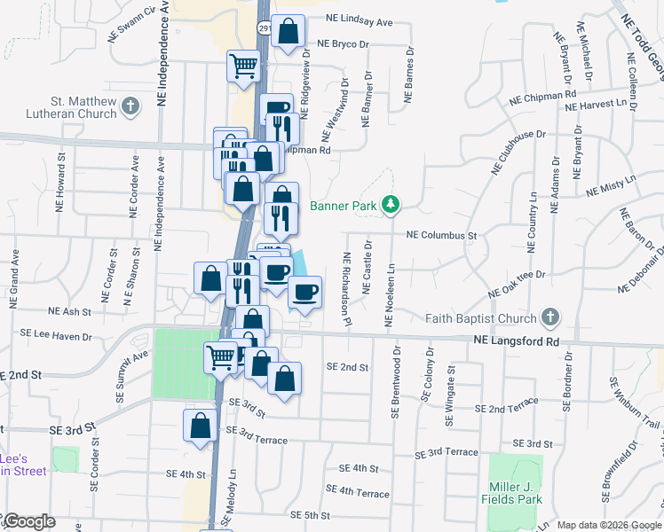 map of restaurants, bars, coffee shops, grocery stores, and more near 410 Northeast Westwind Drive in Lee's Summit