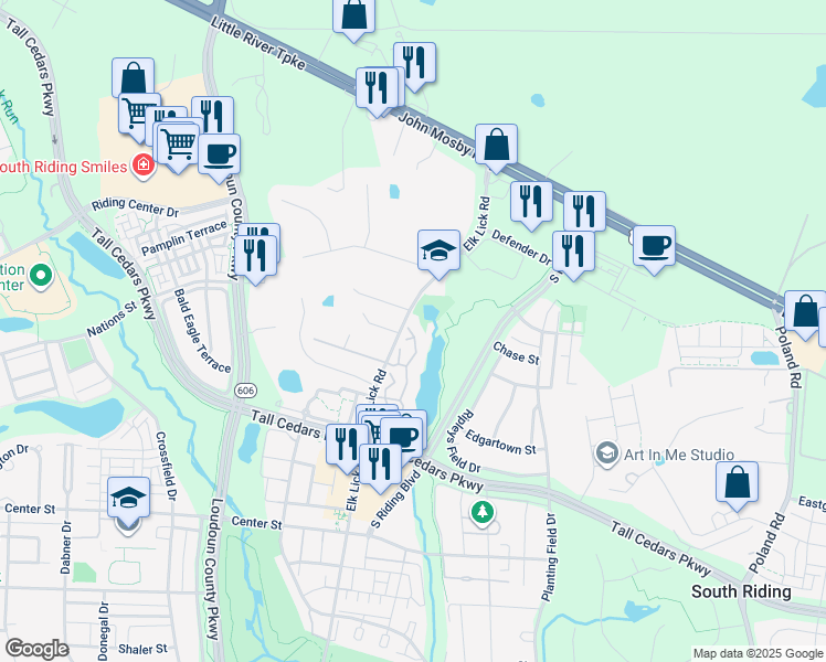 map of restaurants, bars, coffee shops, grocery stores, and more near 25200 Lake Shore Square in Chantilly