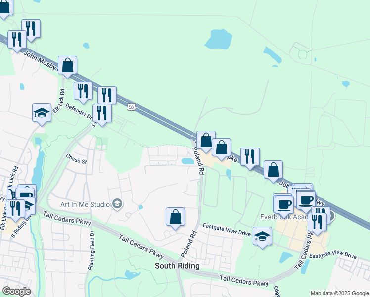 map of restaurants, bars, coffee shops, grocery stores, and more near 25239 Laureldale Terrace in Chantilly