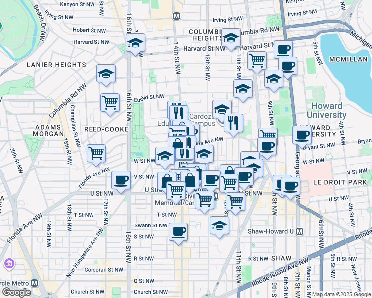 map of restaurants, bars, coffee shops, grocery stores, and more near 1350 Florida Avenue Northwest in Washington