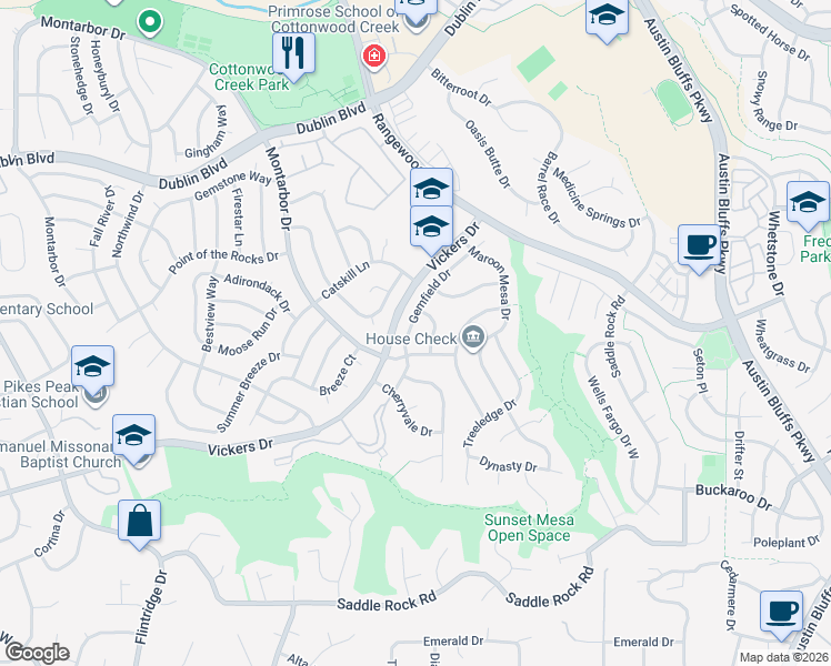 map of restaurants, bars, coffee shops, grocery stores, and more near 6260 Gemfield Drive in Colorado Springs