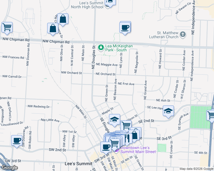 map of restaurants, bars, coffee shops, grocery stores, and more near in Lee's Summit