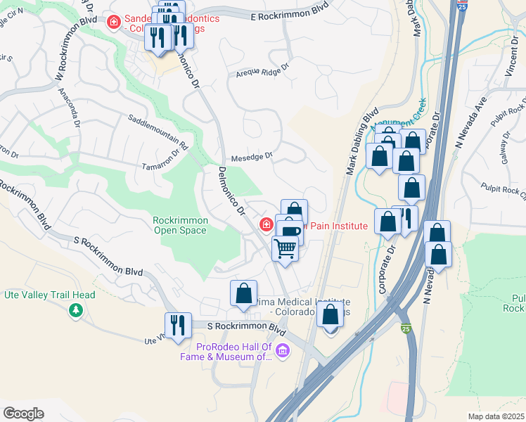 map of restaurants, bars, coffee shops, grocery stores, and more near 6205 Colony Circle in Colorado Springs