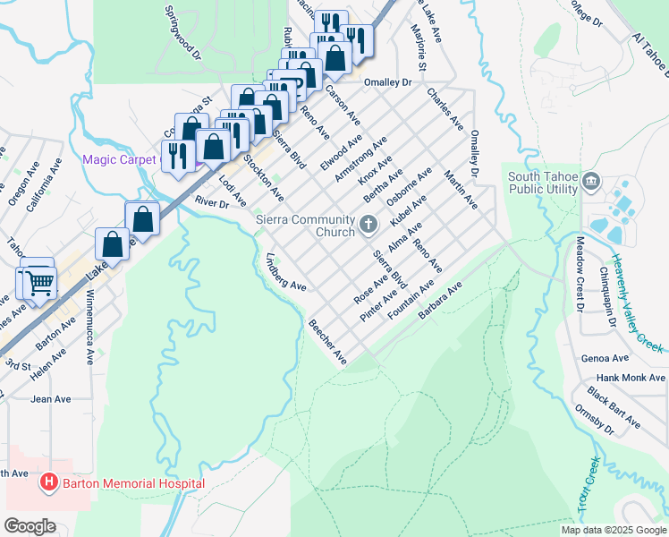 map of restaurants, bars, coffee shops, grocery stores, and more near 2505 Osborne Avenue in South Lake Tahoe