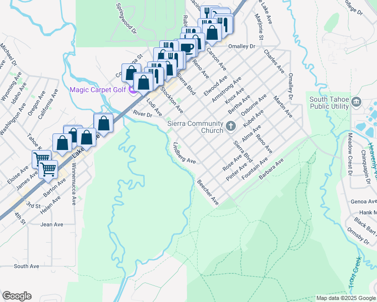 map of restaurants, bars, coffee shops, grocery stores, and more near 2451 Bertha Avenue in South Lake Tahoe
