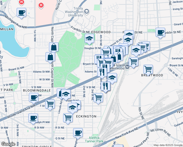 map of restaurants, bars, coffee shops, grocery stores, and more near 2200 3rd Street Northeast in Washington