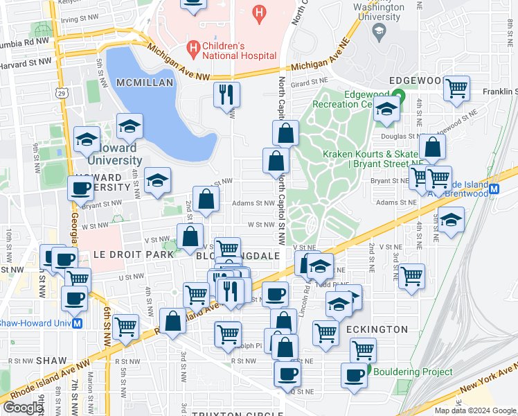 map of restaurants, bars, coffee shops, grocery stores, and more near 101 Independence Avenue Southeast in Washington