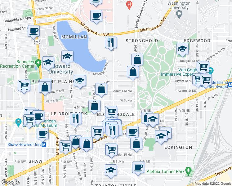 map of restaurants, bars, coffee shops, grocery stores, and more near 101 Independence Avenue Southeast in Washington