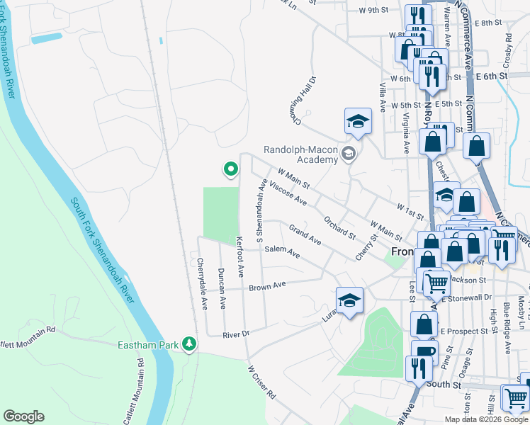 map of restaurants, bars, coffee shops, grocery stores, and more near 114 South Shenandoah Avenue in Front Royal