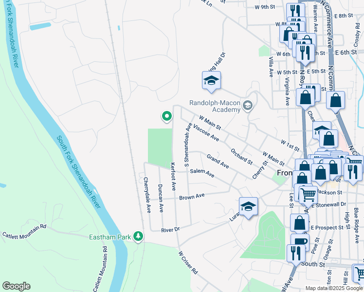 map of restaurants, bars, coffee shops, grocery stores, and more near 121 South Shenandoah Avenue in Front Royal