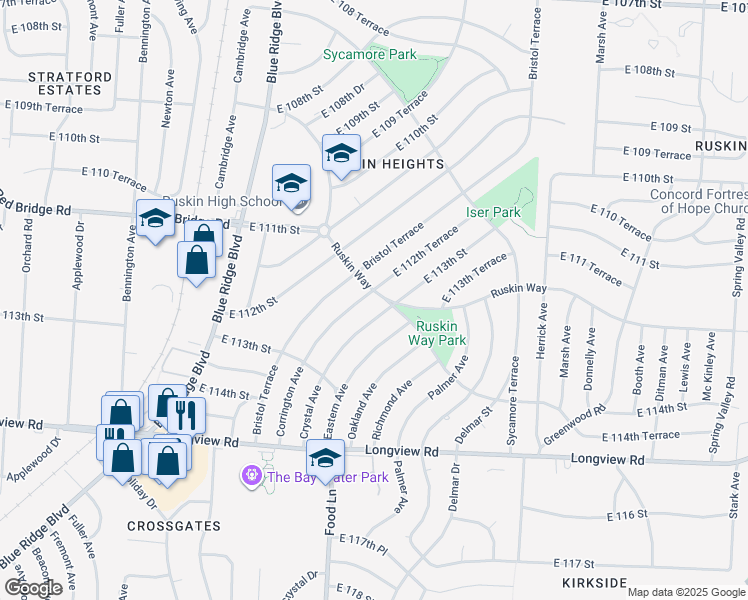 map of restaurants, bars, coffee shops, grocery stores, and more near 7503 East 112th Terrace in Kansas City