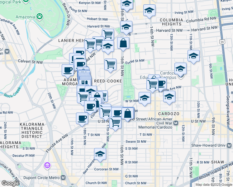 map of restaurants, bars, coffee shops, grocery stores, and more near 1602 Belmont Street Northwest in Washington