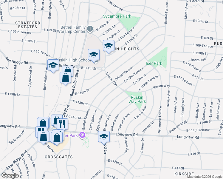 map of restaurants, bars, coffee shops, grocery stores, and more near 11206 Corrington Avenue in Kansas City