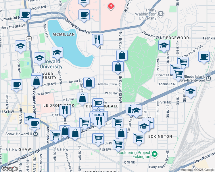 map of restaurants, bars, coffee shops, grocery stores, and more near 101 Independence Avenue Southeast in Washington