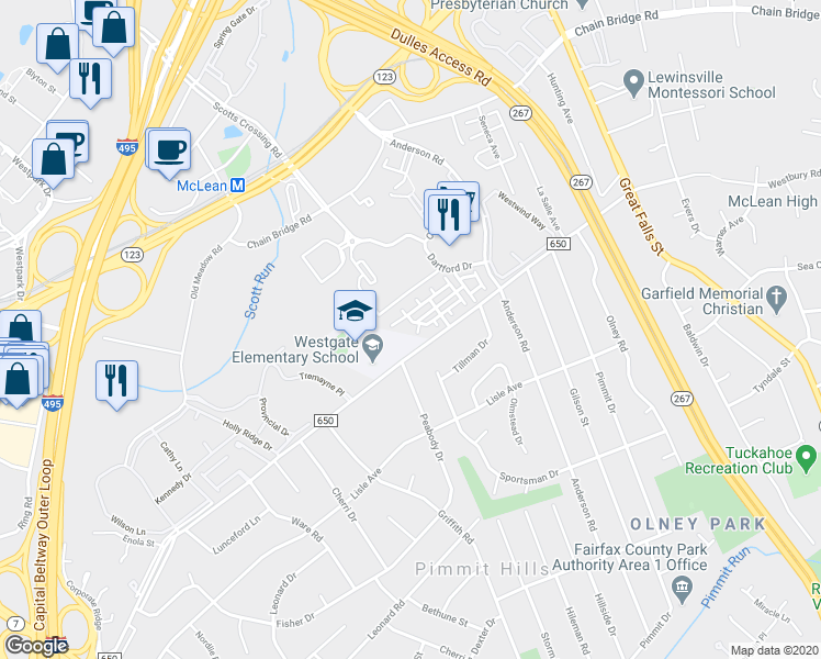 map of restaurants, bars, coffee shops, grocery stores, and more near 7336 Dartford Drive in McLean