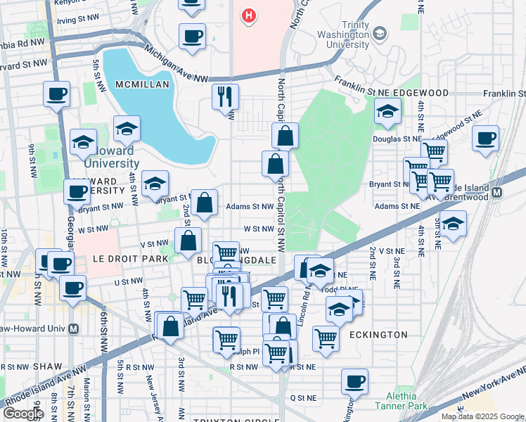 map of restaurants, bars, coffee shops, grocery stores, and more near 30 Adams Street Northwest in Washington