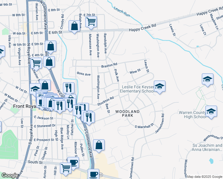 map of restaurants, bars, coffee shops, grocery stores, and more near 730 Hamilton Avenue in Front Royal