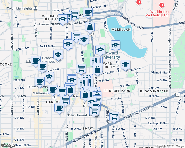 map of restaurants, bars, coffee shops, grocery stores, and more near 101 Independence Avenue Southeast in Washington