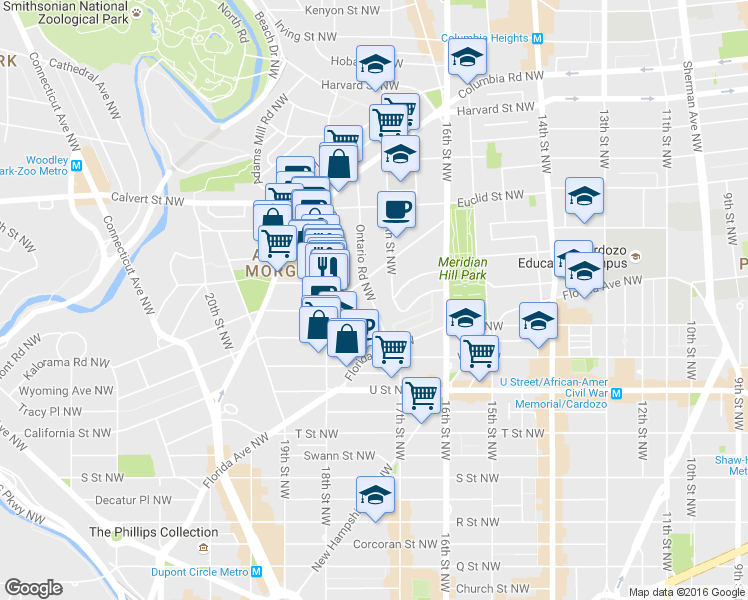 map of restaurants, bars, coffee shops, grocery stores, and more near 2231 Ontario Road Northwest in Washington