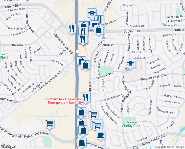 map of restaurants, bars, coffee shops, grocery stores, and more near 6179 Rockville Drive in Colorado Springs