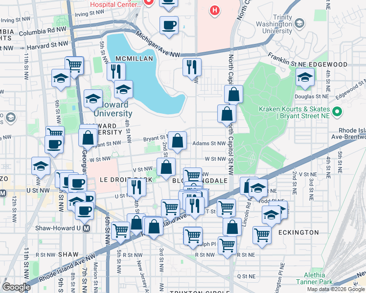 map of restaurants, bars, coffee shops, grocery stores, and more near 101 Independence Avenue Southeast in Washington