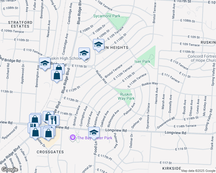 map of restaurants, bars, coffee shops, grocery stores, and more near 7503 East 112th Terrace in Kansas City