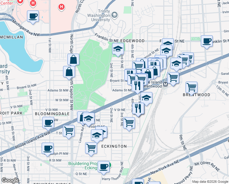 map of restaurants, bars, coffee shops, grocery stores, and more near 209 Adams Street Northeast in Washington
