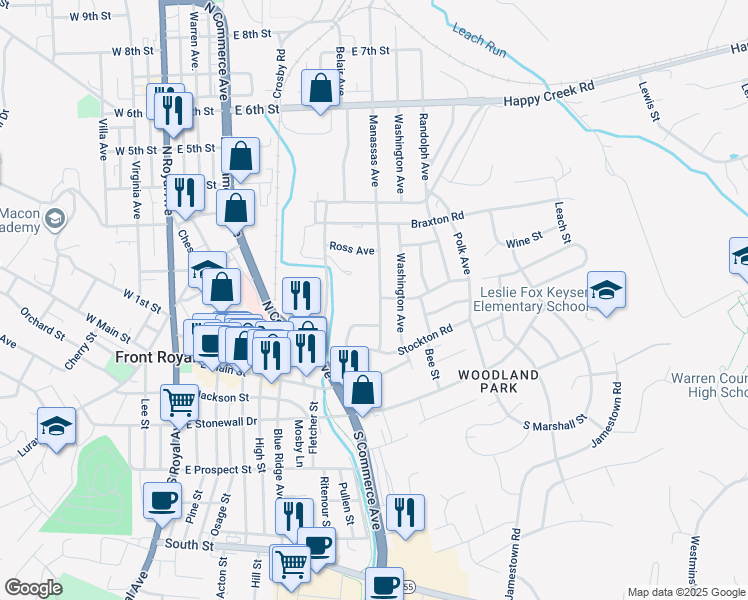 map of restaurants, bars, coffee shops, grocery stores, and more near 130 Manassas Avenue in Front Royal