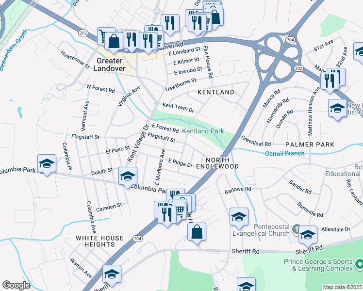 map of restaurants, bars, coffee shops, grocery stores, and more near 2204 East Spring Place in Greater Landover