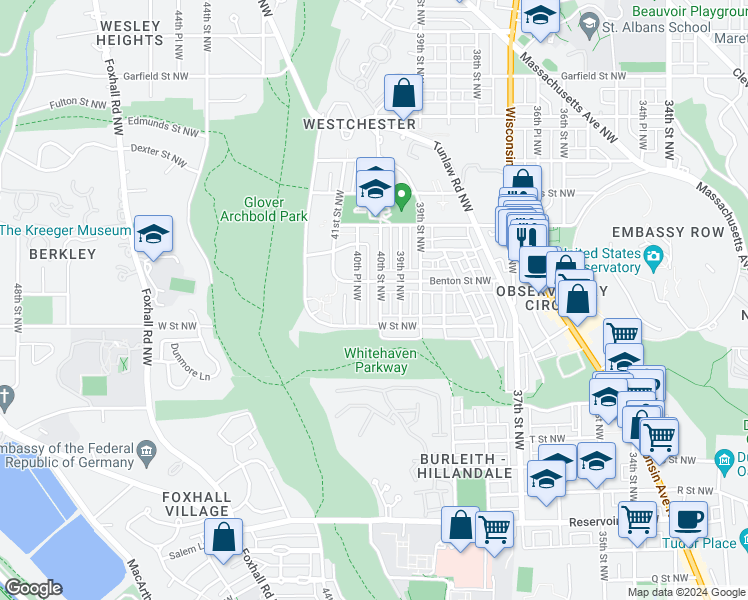 map of restaurants, bars, coffee shops, grocery stores, and more near 2224 40th Street Northwest in Washington