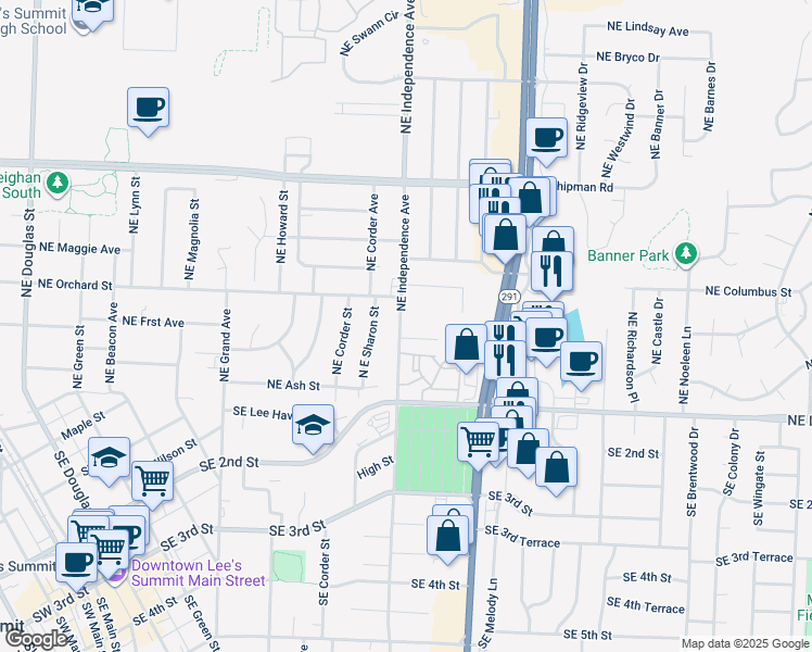 map of restaurants, bars, coffee shops, grocery stores, and more near 303 Northeast Independence Avenue in Lee's Summit