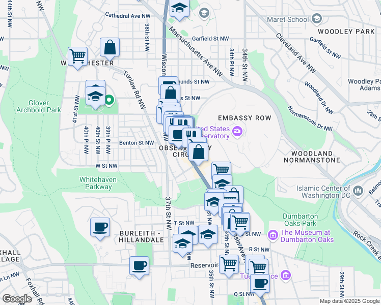 map of restaurants, bars, coffee shops, grocery stores, and more near 2233 Wisconsin Avenue Northwest in Washington