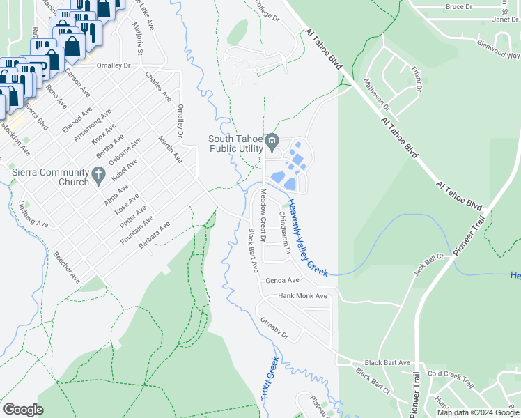 map of restaurants, bars, coffee shops, grocery stores, and more near 1332 Meadow Crest Drive in South Lake Tahoe