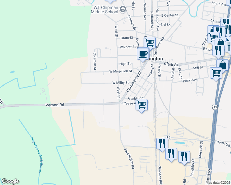 map of restaurants, bars, coffee shops, grocery stores, and more near 208 West Street in Harrington