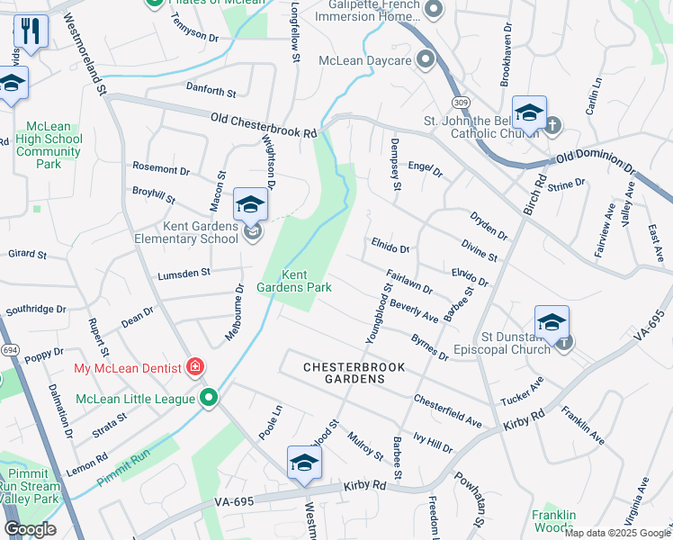 map of restaurants, bars, coffee shops, grocery stores, and more near 6616 Beverly Avenue in McLean