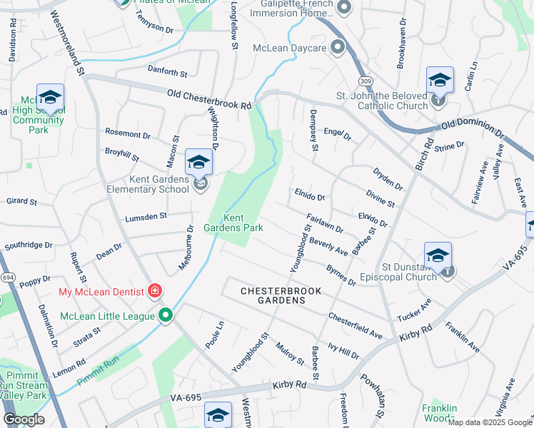 map of restaurants, bars, coffee shops, grocery stores, and more near 6616 Beverly Avenue in McLean