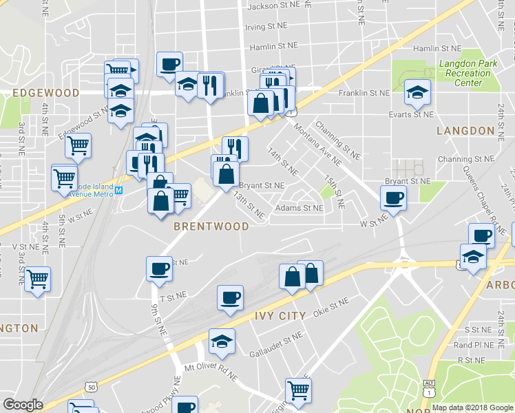 map of restaurants, bars, coffee shops, grocery stores, and more near 2229 13th Street Northeast in Washington