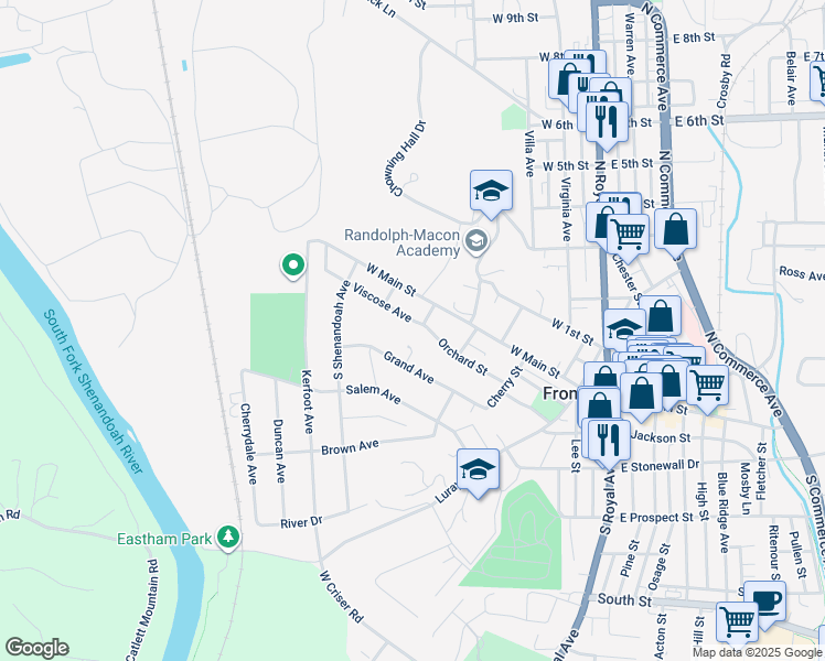 map of restaurants, bars, coffee shops, grocery stores, and more near 404 Viscose Avenue in Front Royal