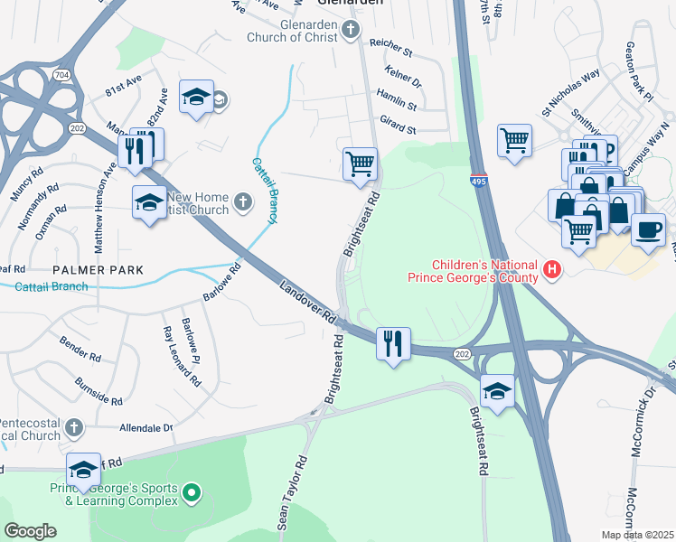 map of restaurants, bars, coffee shops, grocery stores, and more near 2198 Brightseat Road in Hyattsville