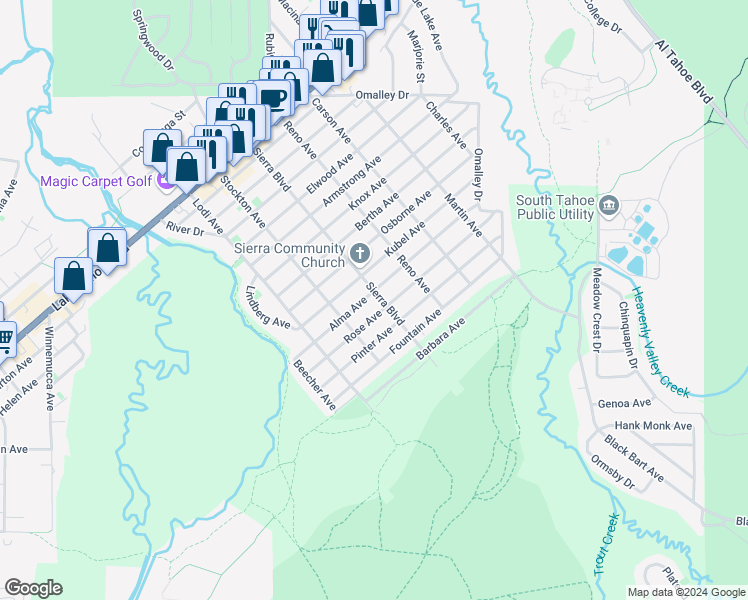 map of restaurants, bars, coffee shops, grocery stores, and more near 1202 Sierra Boulevard in South Lake Tahoe