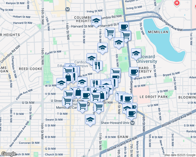 map of restaurants, bars, coffee shops, grocery stores, and more near 2230 11th Street Northwest in Washington