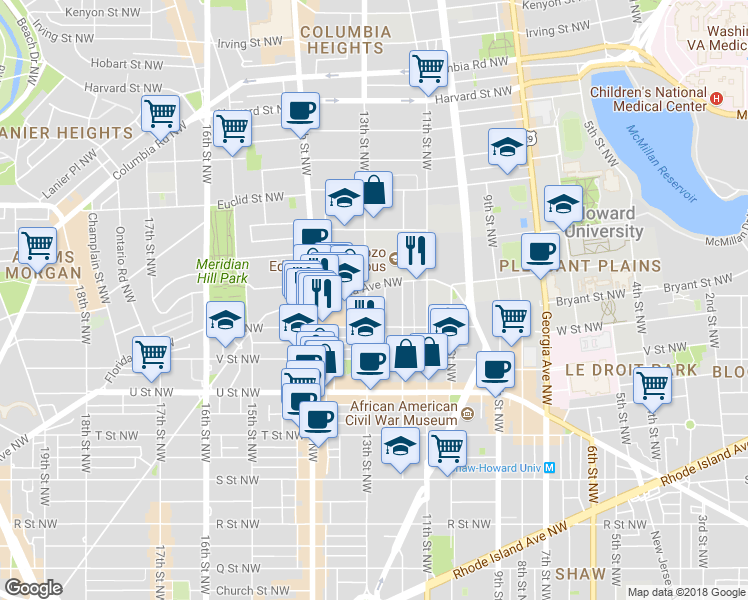 map of restaurants, bars, coffee shops, grocery stores, and more near 2231 13th Street Northwest in Washington
