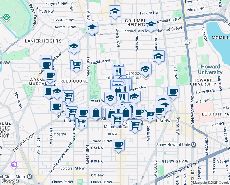 map of restaurants, bars, coffee shops, grocery stores, and more near 1421 Florida Avenue Northwest in Washington