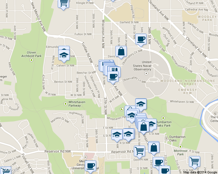 map of restaurants, bars, coffee shops, grocery stores, and more near 2250 Hall Pl NW in Washington